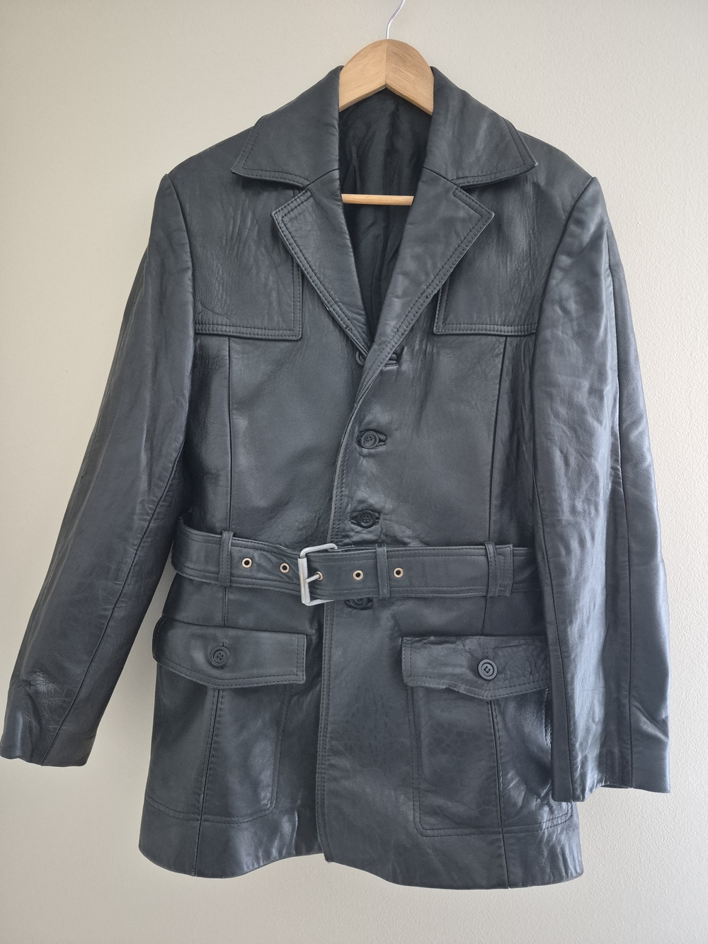 Vintage Burton Ireland Genuine Leather Belted Jacket Black Safari Coat Women's S